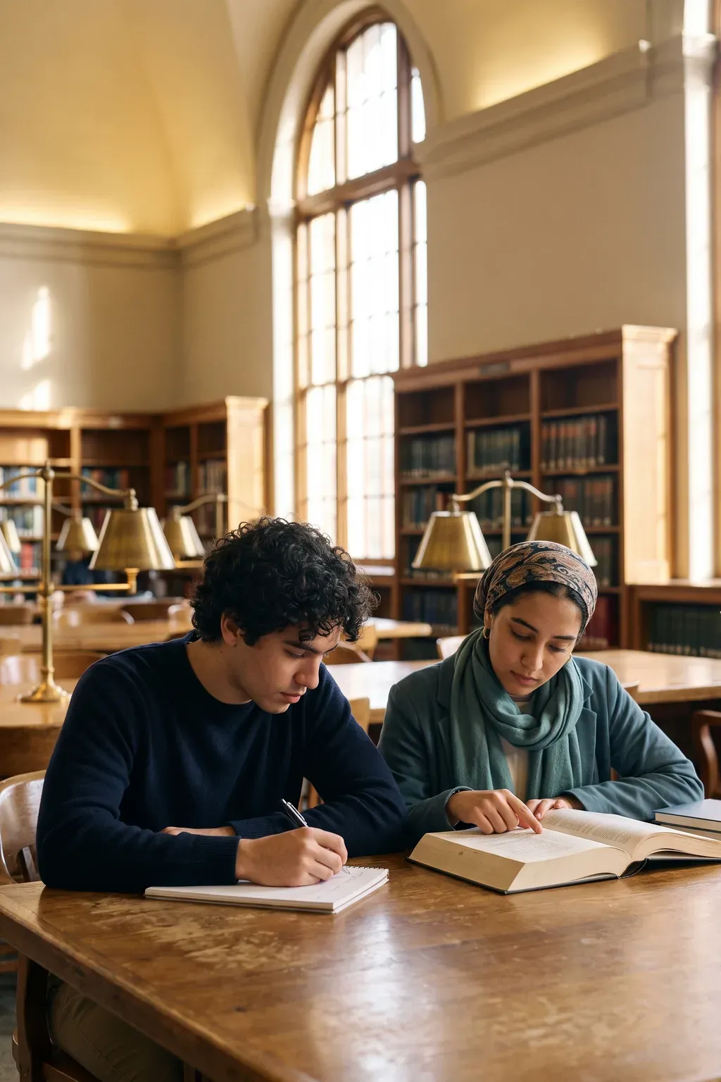 Student reviewing study notes beside a laptop in a quiet library